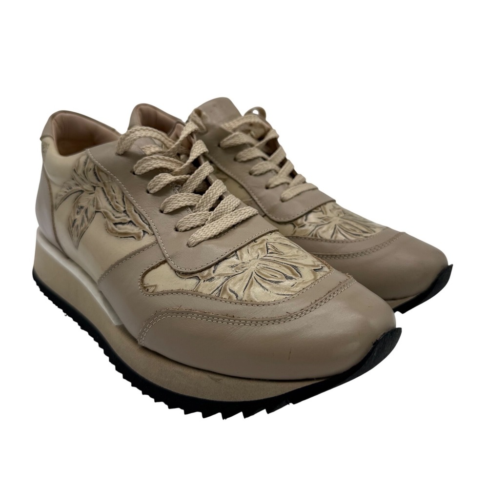 Cuoio Fiorentino Sneakers Womens 39 Beige Floral Tooled Leather Platform